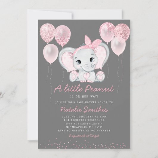 Cute Elephant Girl Balloons Baby shower Invitation Kaart (Voorkant)