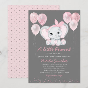 Cute Elephant Girl Balloons Baby shower Invitation Kaart