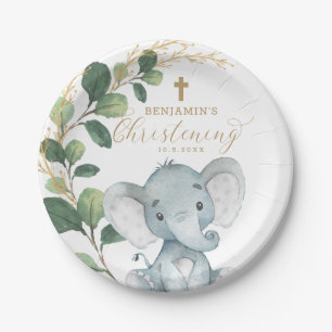 Cute Elephant Greenery Gold Leaves Christening Papieren Bordje