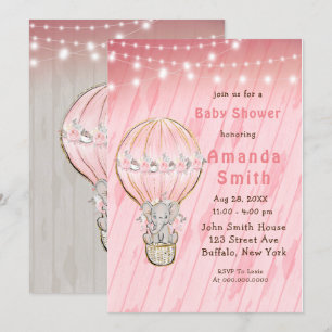 Cute Elephant Hot Air Ballon Baby shower Invitat Kaart