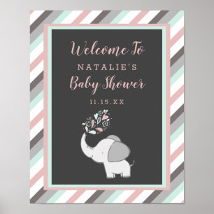 Cute Elephant in roze & Mint Baby shower Welcome Poster
