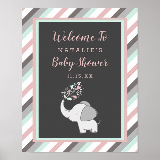 Cute Elephant in roze & Mint Baby shower Welcome Poster (Voorkant)