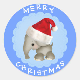 Cute Elephant in Santa Hat Blue Kerst stickers