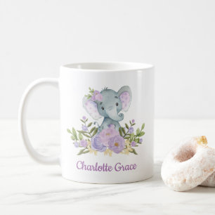 Cute Elephant Lavender Waterverf Floral Peonies Koffiemok