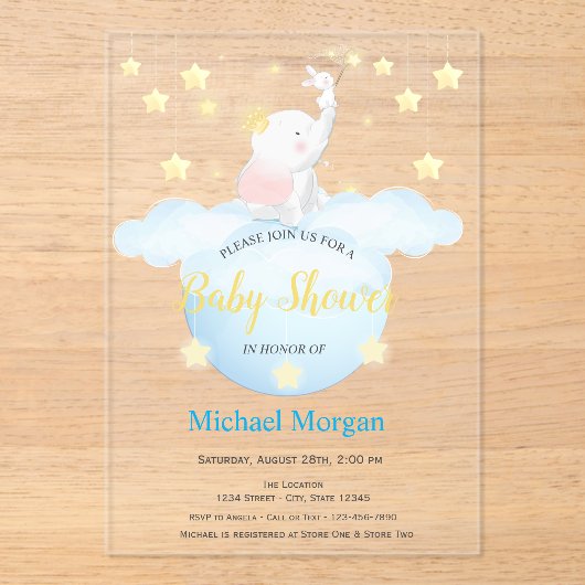 Cute Elephant Moon Stars Acrylic Invitation (Recto)
