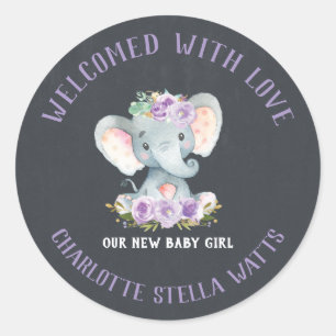 Cute Elephant New Baby Girl Announcement Favor Ronde Sticker