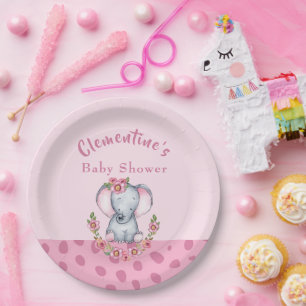 Cute Elephant Pink Animal Print Baby shower Papieren Bordje