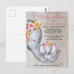 Cute Elephant Pink Floral Baby shower Invitation Briefkaart