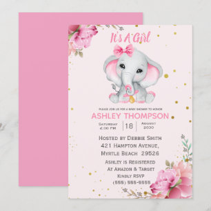 Cute Elephant Pink Floral Baby shower Invitation Kaart
