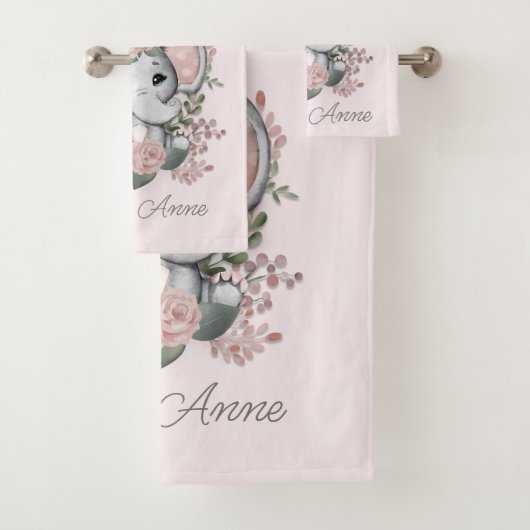 Cute Elephant Pink Floral Greenery Child Name Bad Handdoek (Insitu)