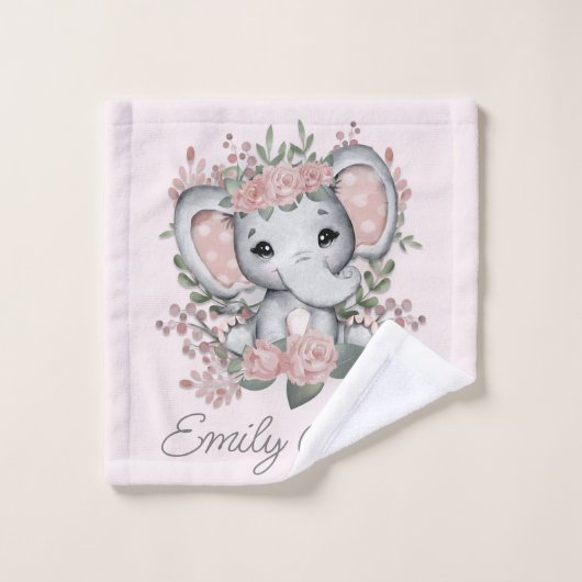 Cute Elephant Pink Floral Greenery Child Name Bad Handdoek (Wasdoekje)