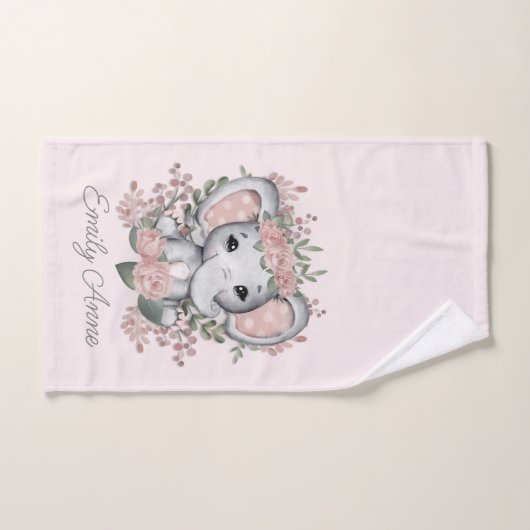 Cute Elephant Pink Floral Greenery Child Name Bad Handdoek (Handdoek)