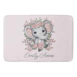 Cute Elephant Pink Floral Greenery Child Name Badmat