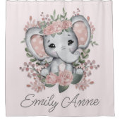Cute Elephant Pink Floral Greenery Child Name Douchegordijn (Voorkant)