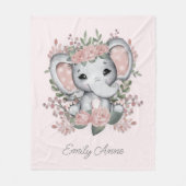 Cute Elephant Pink Floral Greenery Child Name Fleece Deken (Voorkant)