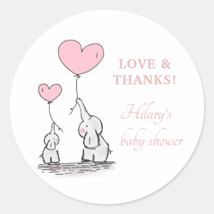 Cute Elephant Pink Heart Balloons Girl Baby shower Ronde Sticker