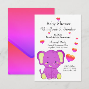 Cute Elephant Pink Paars Hearts Girl Baby shower Kaart