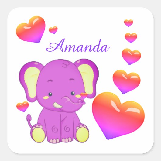 Cute Elephant Pink Paars Hearts Girl Square St Vierkante Sticker (Voorkant)