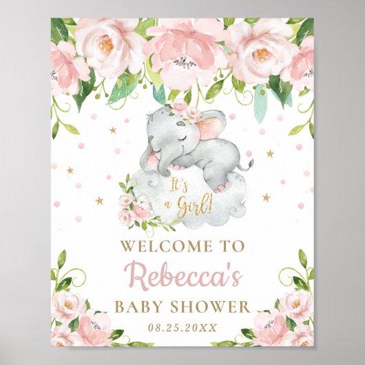 Cute Elephant rose Baby shower Floral Affiche de b (Devant)