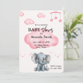 Cute Elephant Surprise Baby shower rose Invitation (Debout devant)