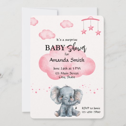 Cute Elephant Surprise Baby shower rose Invitation (Devant)