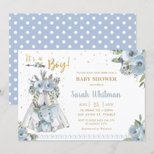 Cute Elephant Tribal Blue Gold Boy Baby shower Kaart