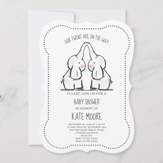 Cute Elephant Twins Baby shower Invitation Kaart (Voorkant)