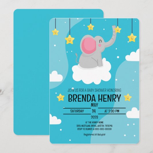 Cute Elephant Waterverf Baby shower Aankondiging (Voorkant / Achterkant)