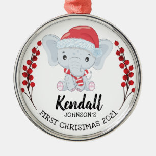 Cute Elephant Winter Holiday Baby's 1st Kerstmis Metalen Ornament
