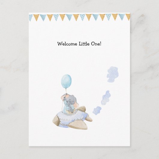 Cute Elephant With Balloon In Airplane New Baby Briefkaart (Voorkant)
