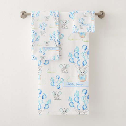 Cute Elephants-ballonnen & Clouds Baby Boy Pattern Bad Handdoek (Insitu)
