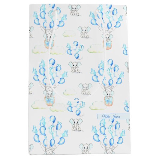 Cute Elephants-ballonnen & Clouds Baby Boy Pattern Medium Cadeauzakje (Voorkant)