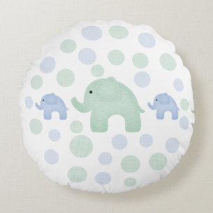 Cute Elephants Blue Green Polkadots Nursery Rond Kussen