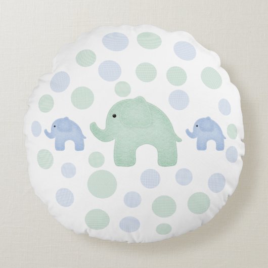 Cute Elephants Blue Green Polkadots Nursery Rond Kussen (Voorkant)