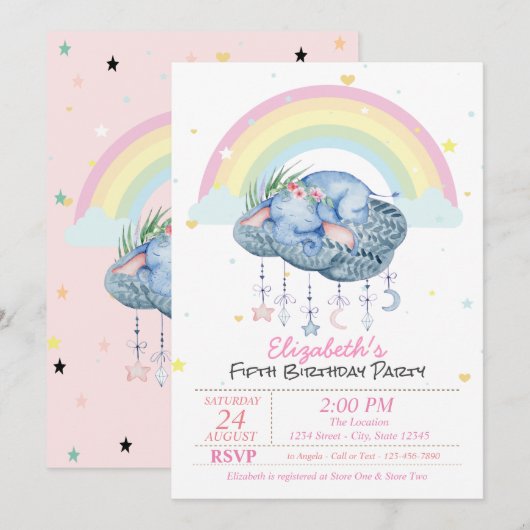 Cute Elephants Rainbow Stars Birthday Kaart (Voorkant / Achterkant)