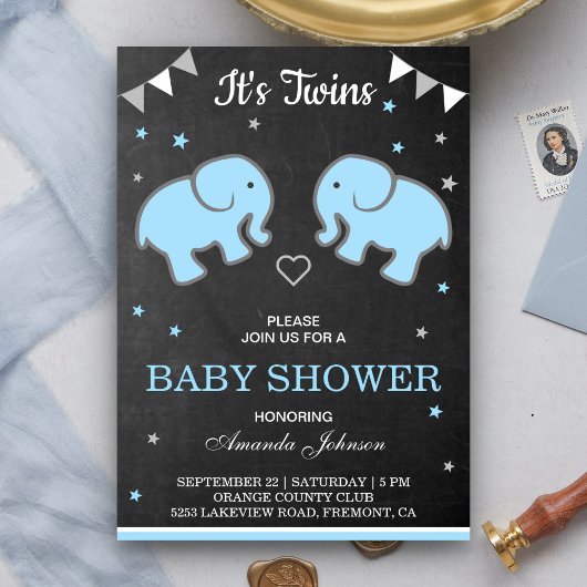 Cute Elephants Twin Boys Baby shower Invitation
