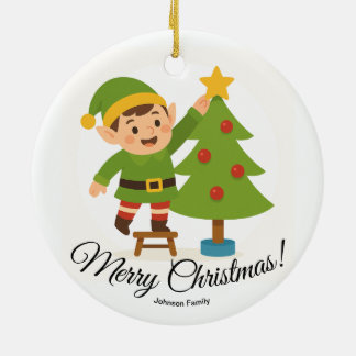 Cute Elf Decorating Tree Personalized Family Name Keramisch Ornament