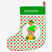 Cute Elf & Green & Red Diamond Star Pattern Grote Kerstsok (Achterkant)