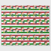 Cute Elf-kerstrode en groene strepen Cadeaupapier (Vlak)