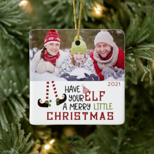 Cute Elf MERRY LITTLE CHRISTMAS 2 Foto Keramisch Ornament