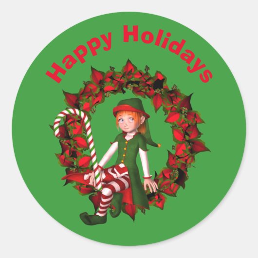 Cute Elf op Wreate Kerstfeestdag Ronde Sticker (Voorkant)
