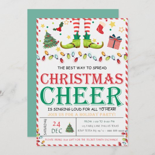 Cute Elf Pine treeFête de Noël Invitations (Devant / Derrière)