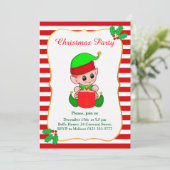 Cute Elf & Red White Kerstparty Uitnodiging (Staand voorkant)