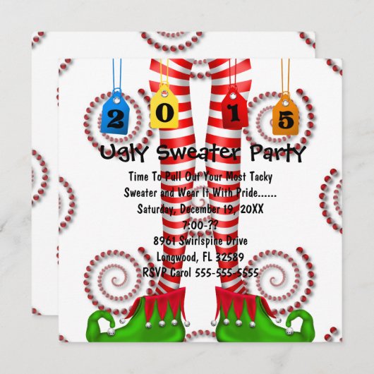 Cute Elf Stocking Ugly Sweater Party Invite Kaart (Voorkant / Achterkant)