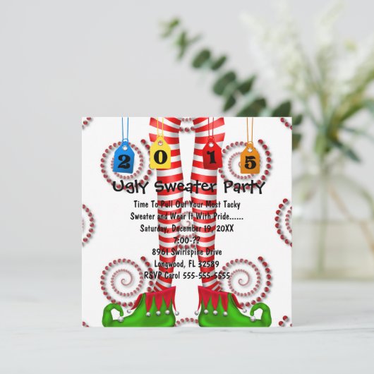 Cute Elf Stocking Ugly Sweater Party Invite Kaart (Staand voorkant)