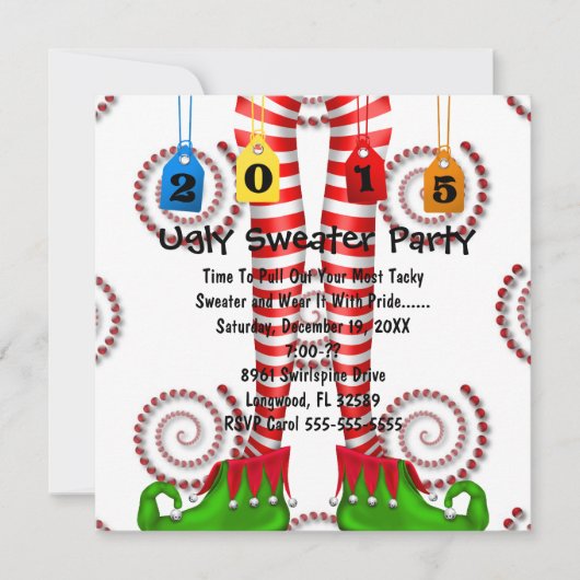 Cute Elf Stocking Ugly Sweater Party Invite Kaart (Voorkant)
