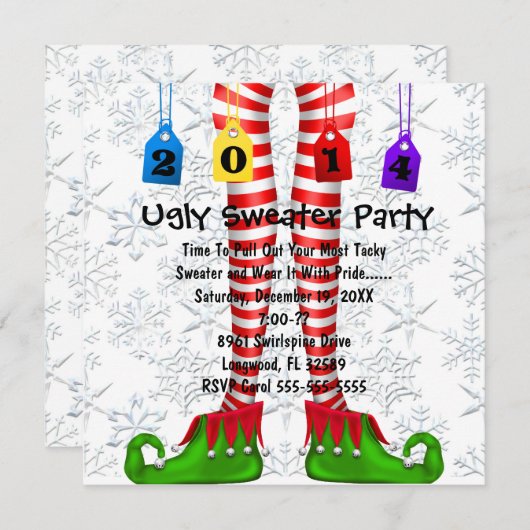 Cute Elf Stocking Ugly Sweater Party Invite Kaart (Voorkant / Achterkant)