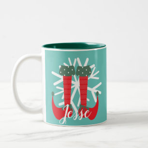 Cute Elf Voeten Sneeuwvlok Aangepaste Naam Kerstmi Tweekleurige Koffiemok