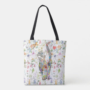 Cute en kleurrijke Cat Floral Canvas tas