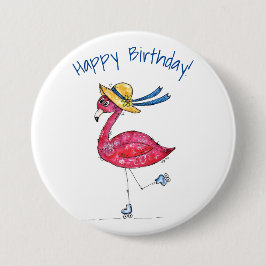 Cute en Whimsical Pink Flamingo on Schaatsen Ronde Button 7,6 Cm